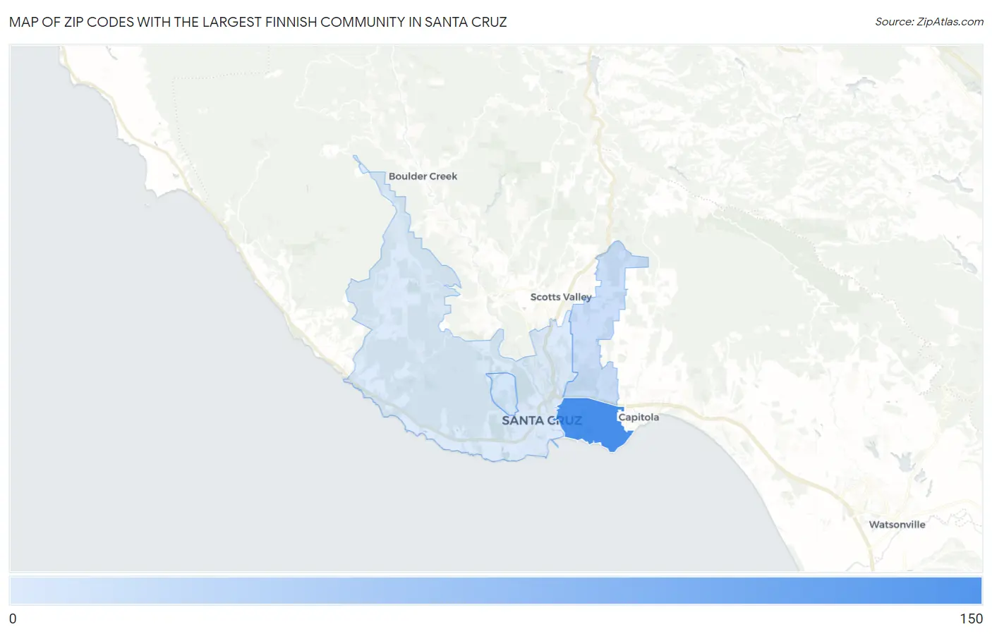 Zip Codes with the Largest Finnish Community in Santa Cruz Map