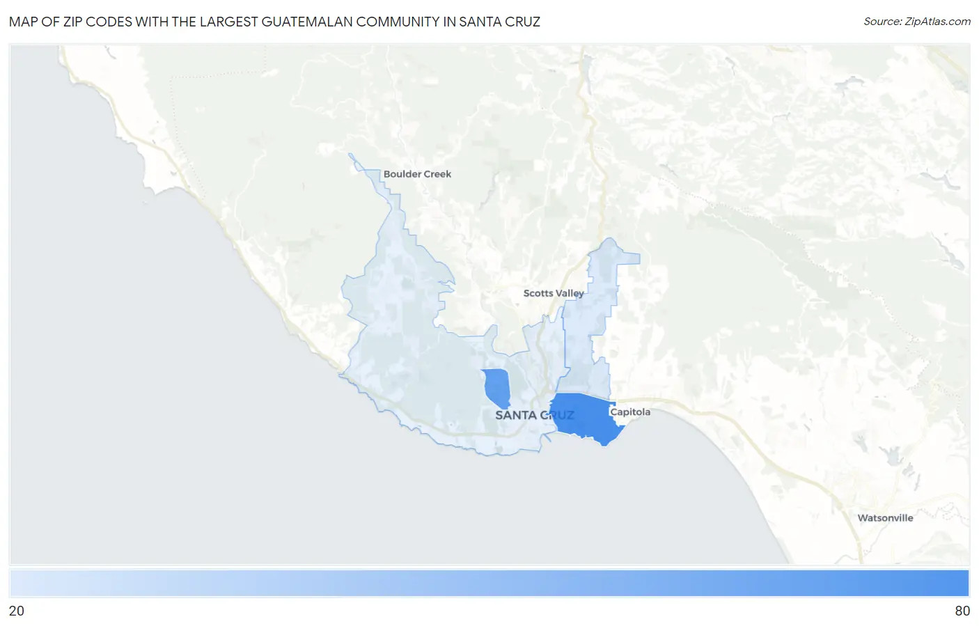 Zip Codes with the Largest Guatemalan Community in Santa Cruz Map