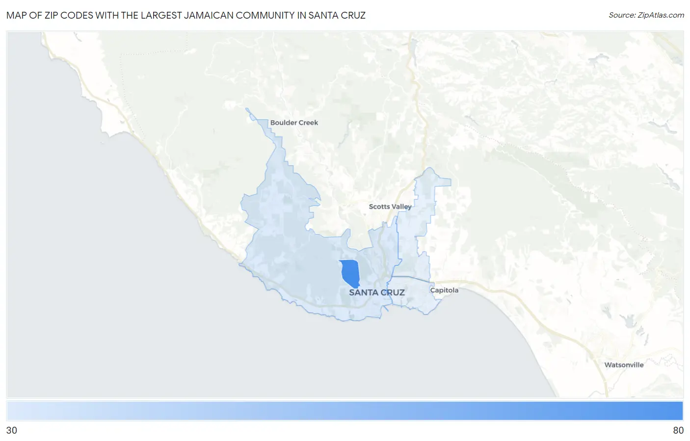 Zip Codes with the Largest Jamaican Community in Santa Cruz Map