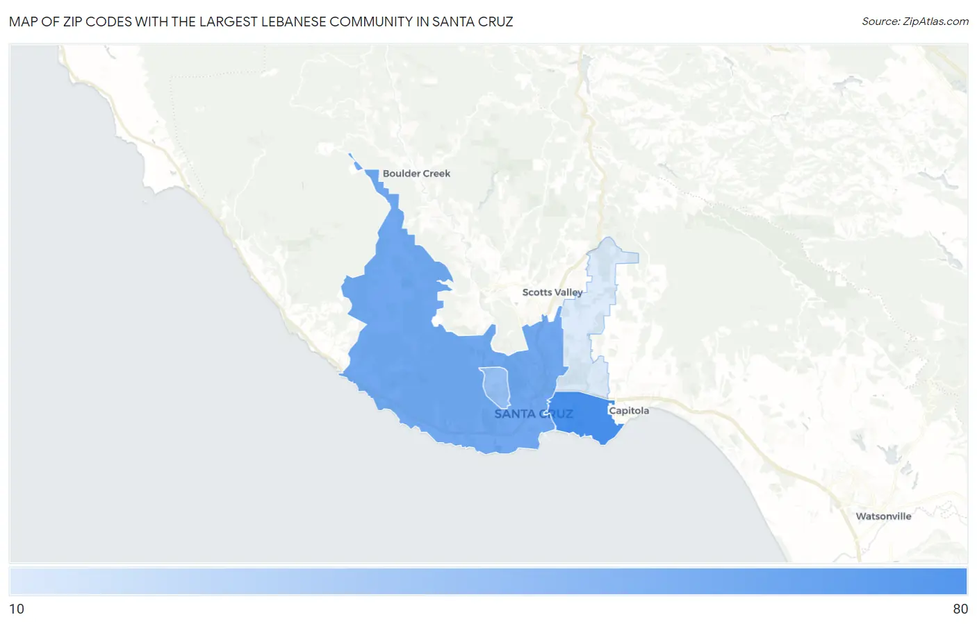 Zip Codes with the Largest Lebanese Community in Santa Cruz Map