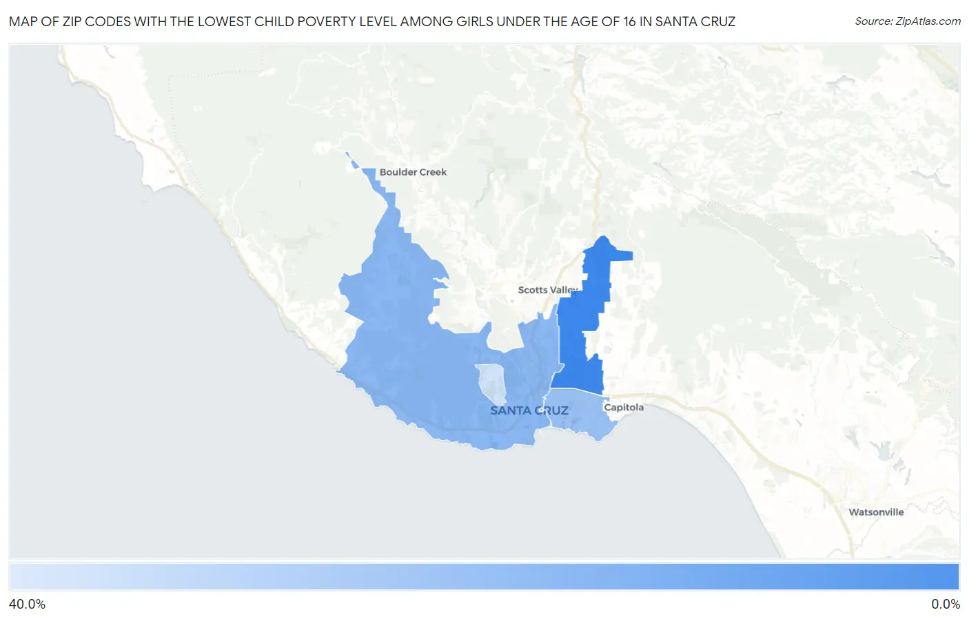 Zip Codes with the Lowest Child Poverty Level Among Girls Under the Age of 16 in Santa Cruz Map