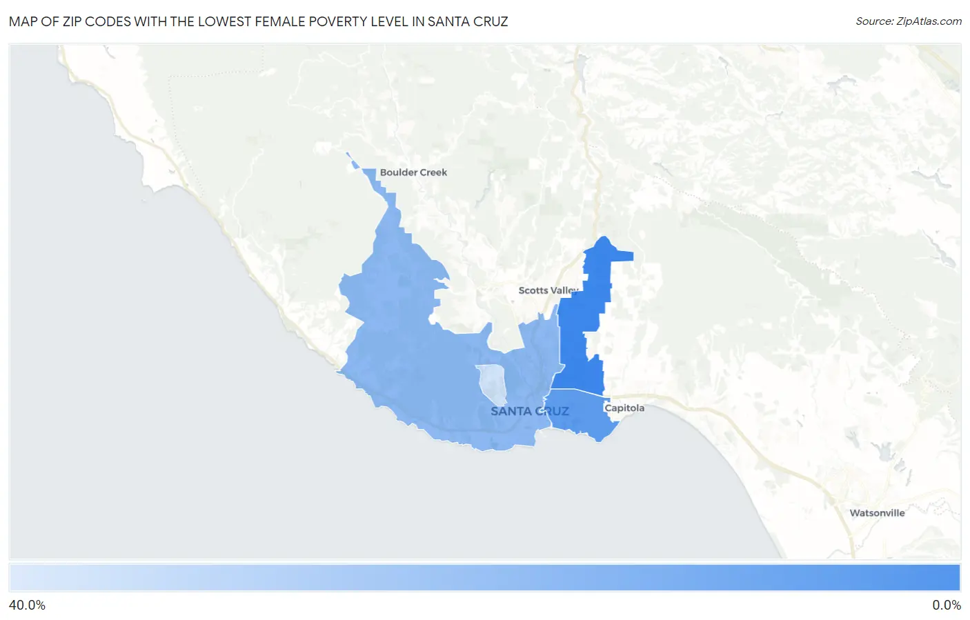Zip Codes with the Lowest Female Poverty Level in Santa Cruz Map
