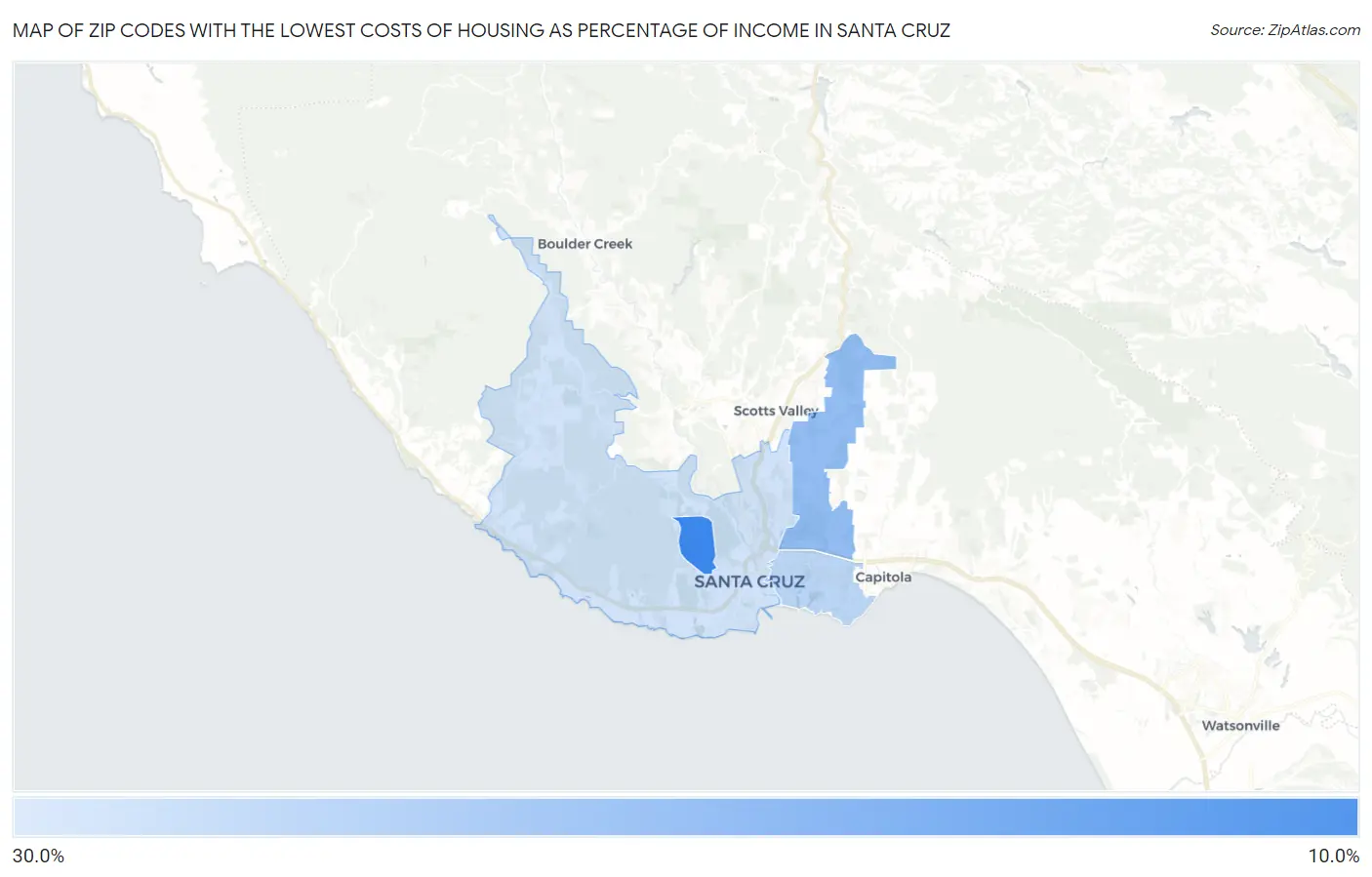 Zip Codes with the Lowest Costs of Housing as Percentage of Income in Santa Cruz Map
