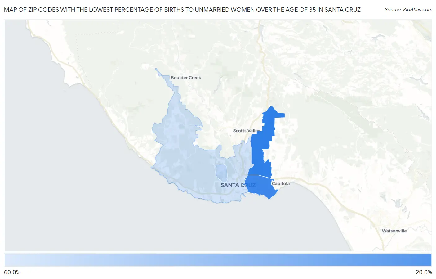 Zip Codes with the Lowest Percentage of Births to Unmarried Women over the Age of 35 in Santa Cruz Map