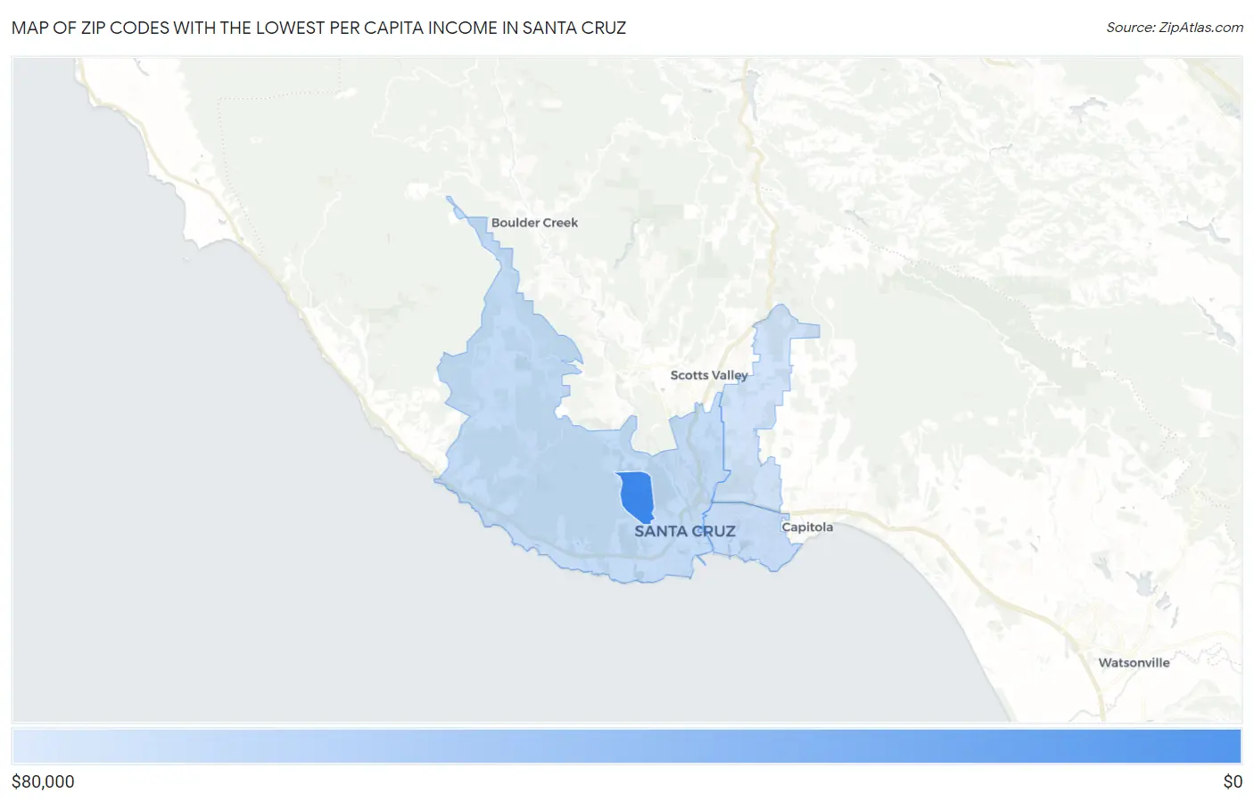 Zip Codes with the Lowest Per Capita Income in Santa Cruz Map