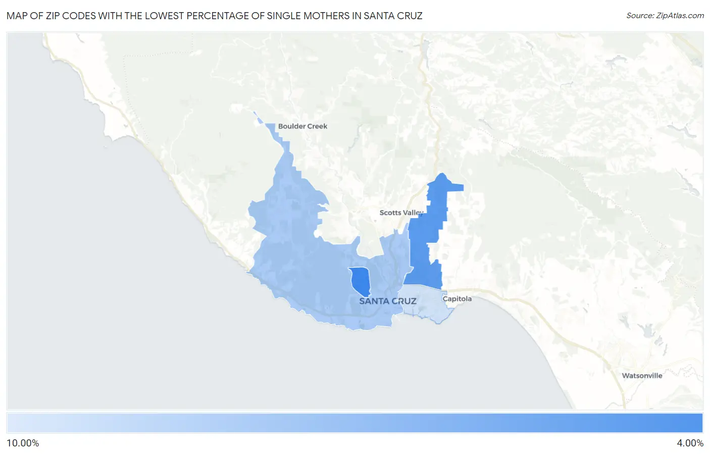 Zip Codes with the Lowest Percentage of Single Mothers in Santa Cruz Map