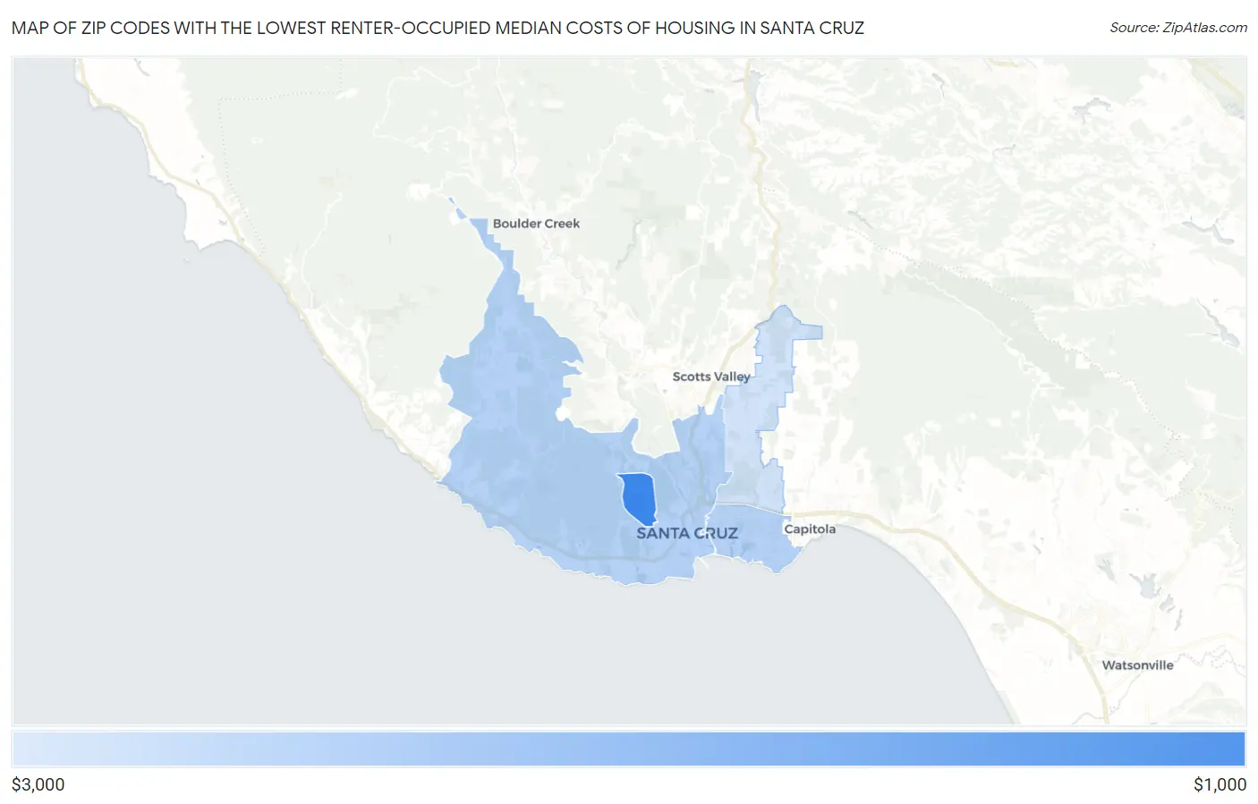 Zip Codes with the Lowest Renter-Occupied Median Costs of Housing in Santa Cruz Map