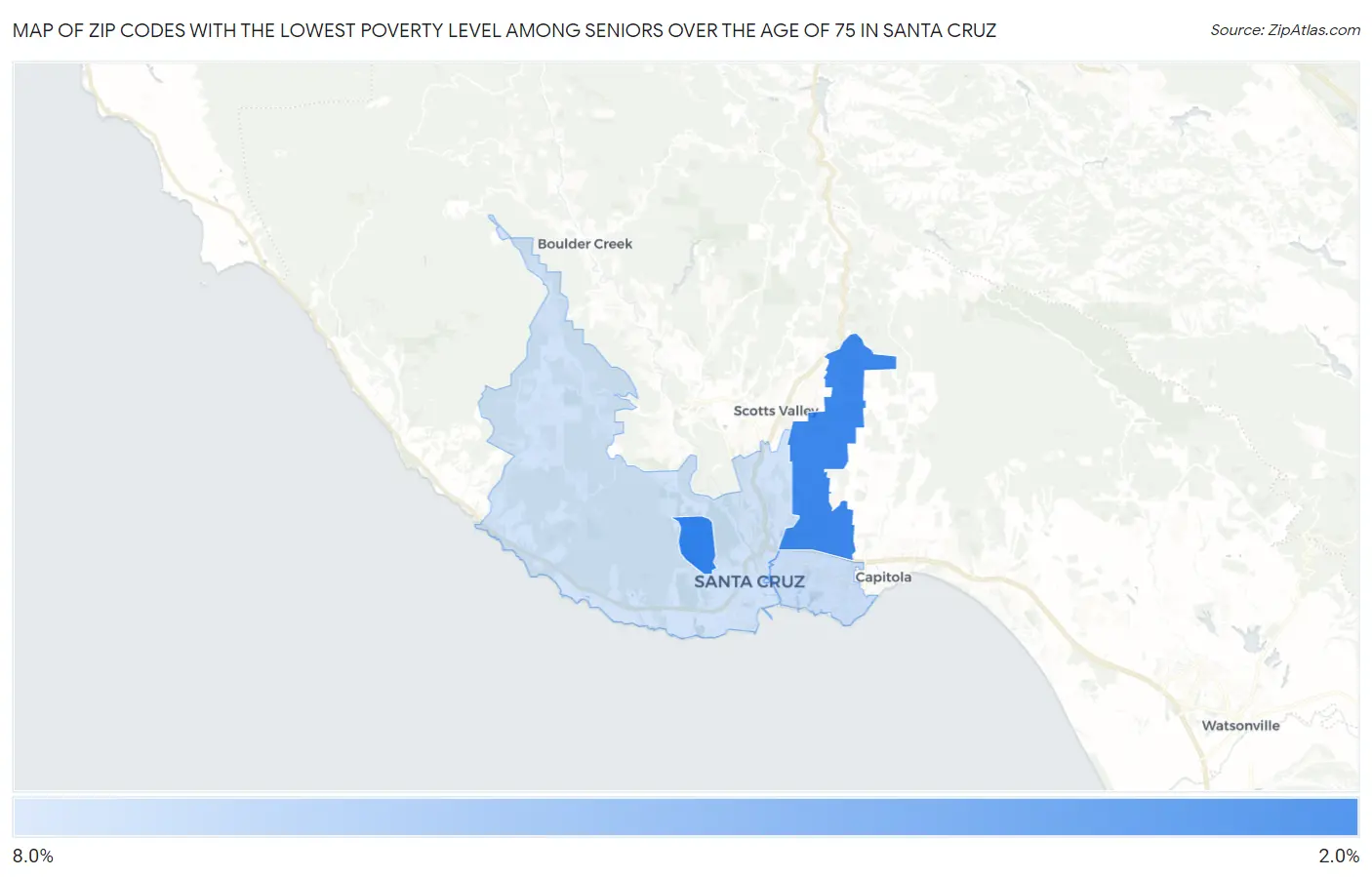 Zip Codes with the Lowest Poverty Level Among Seniors Over the Age of 75 in Santa Cruz Map
