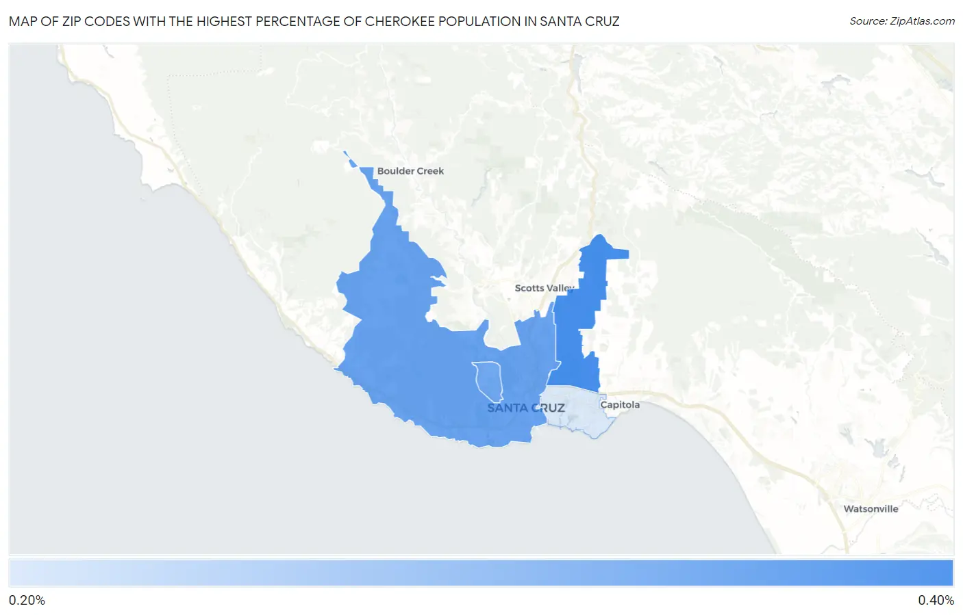 Zip Codes with the Highest Percentage of Cherokee Population in Santa Cruz Map