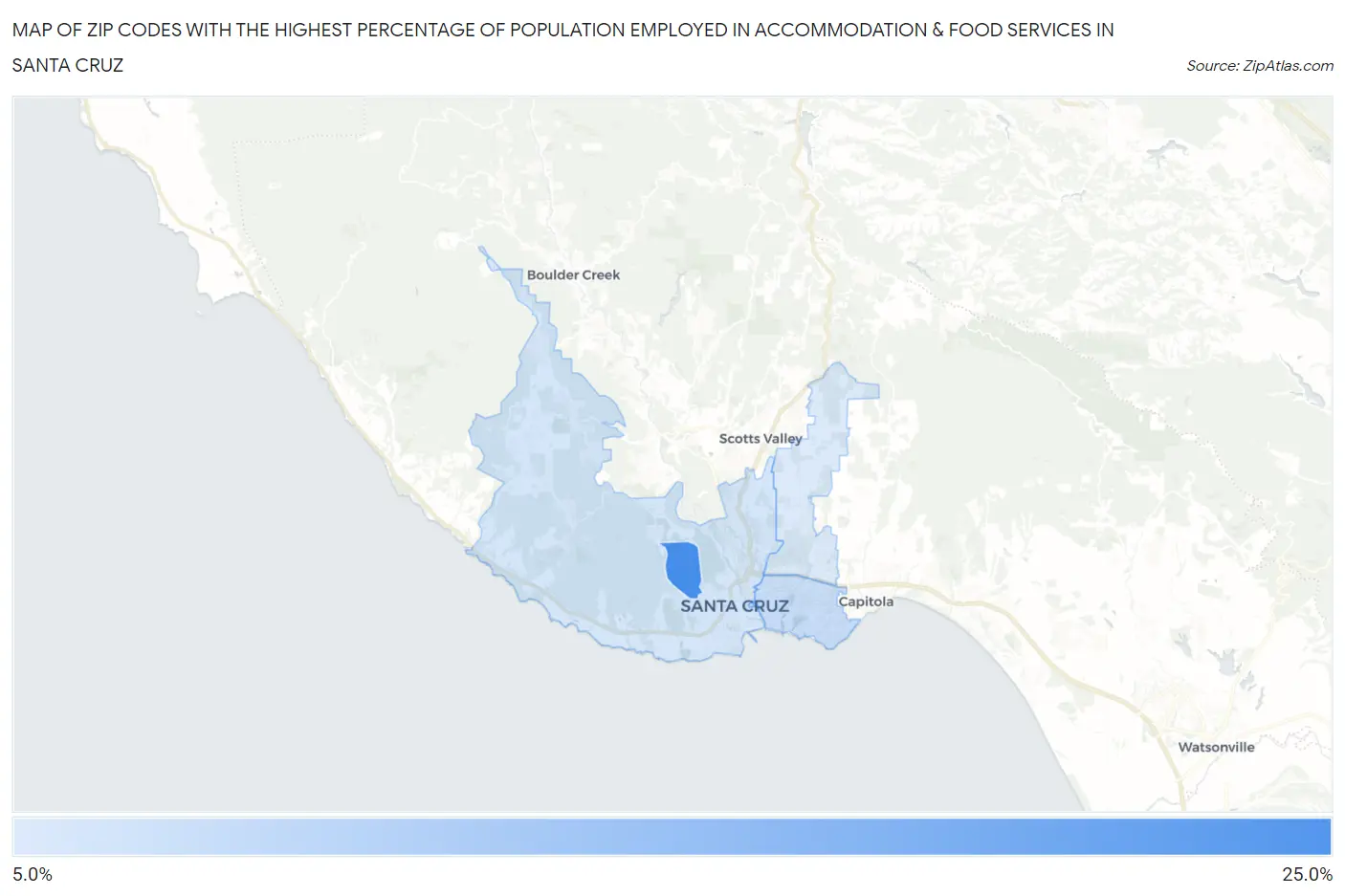 Zip Codes with the Highest Percentage of Population Employed in Accommodation & Food Services in Santa Cruz Map