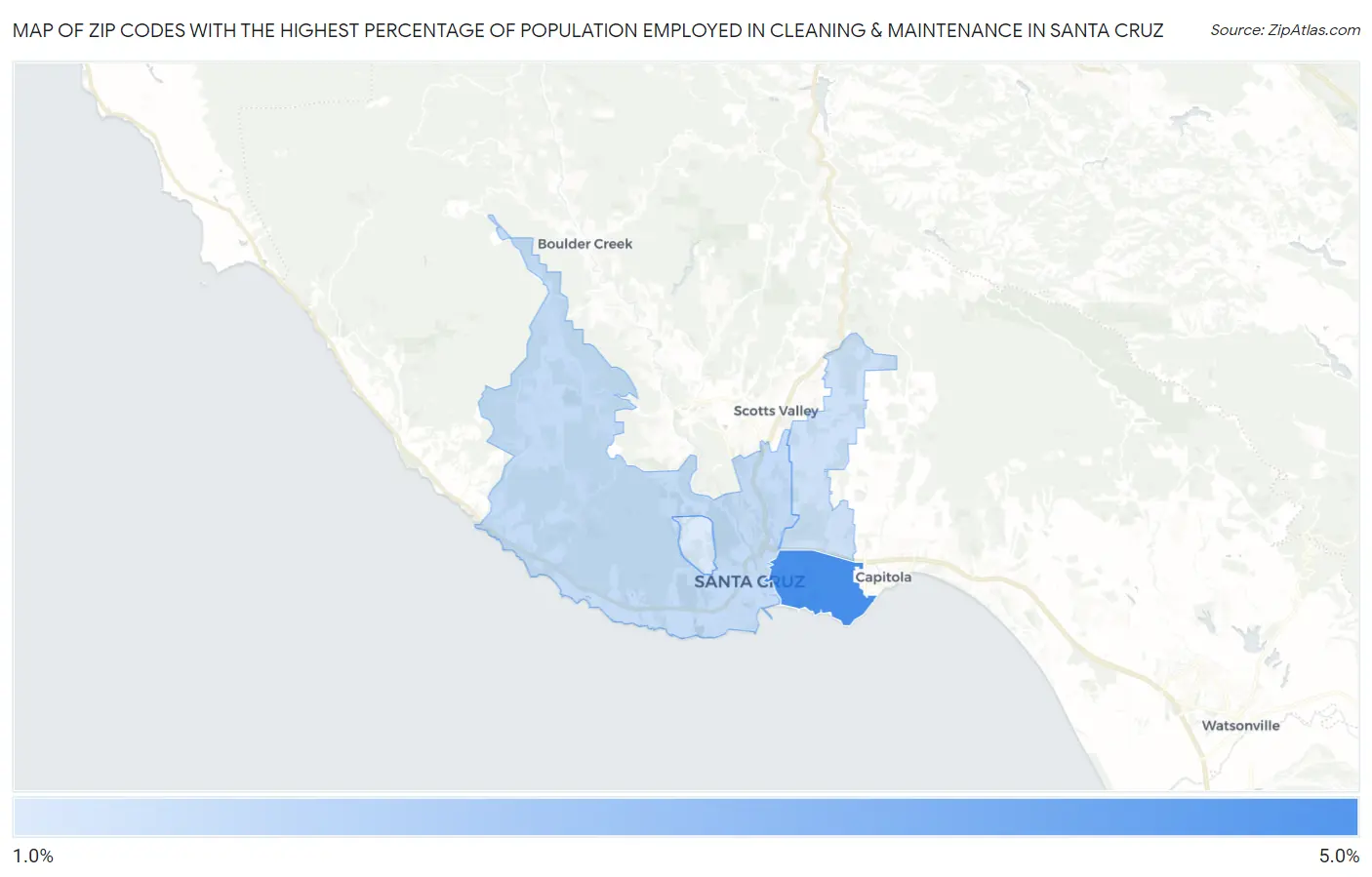 Zip Codes with the Highest Percentage of Population Employed in Cleaning & Maintenance in Santa Cruz Map