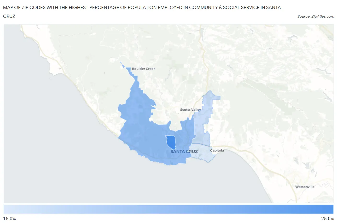 Zip Codes with the Highest Percentage of Population Employed in Community & Social Service  in Santa Cruz Map