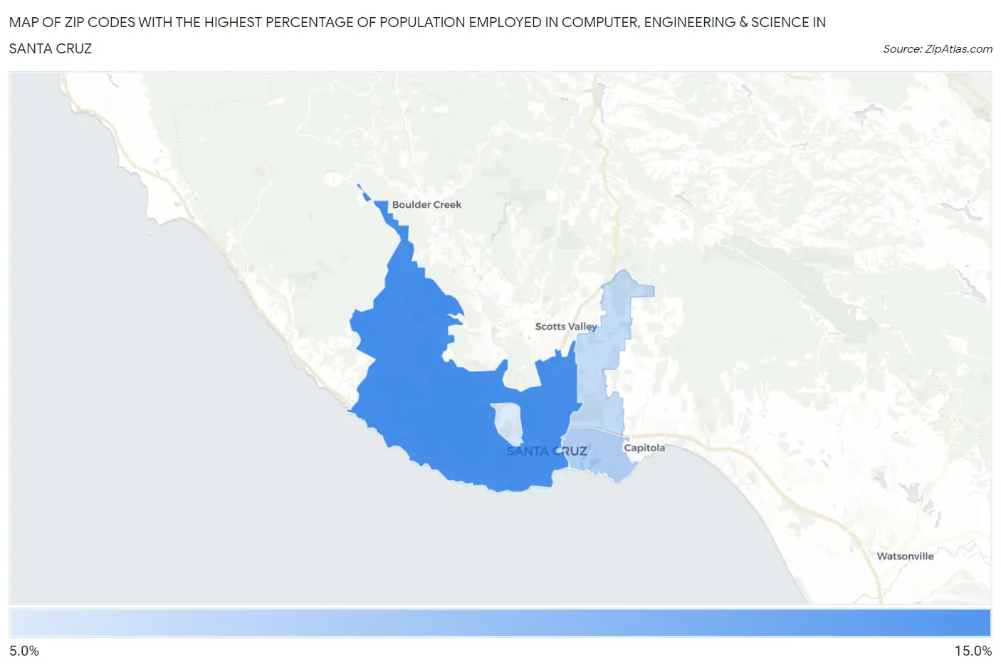 Zip Codes with the Highest Percentage of Population Employed in Computer, Engineering & Science in Santa Cruz Map