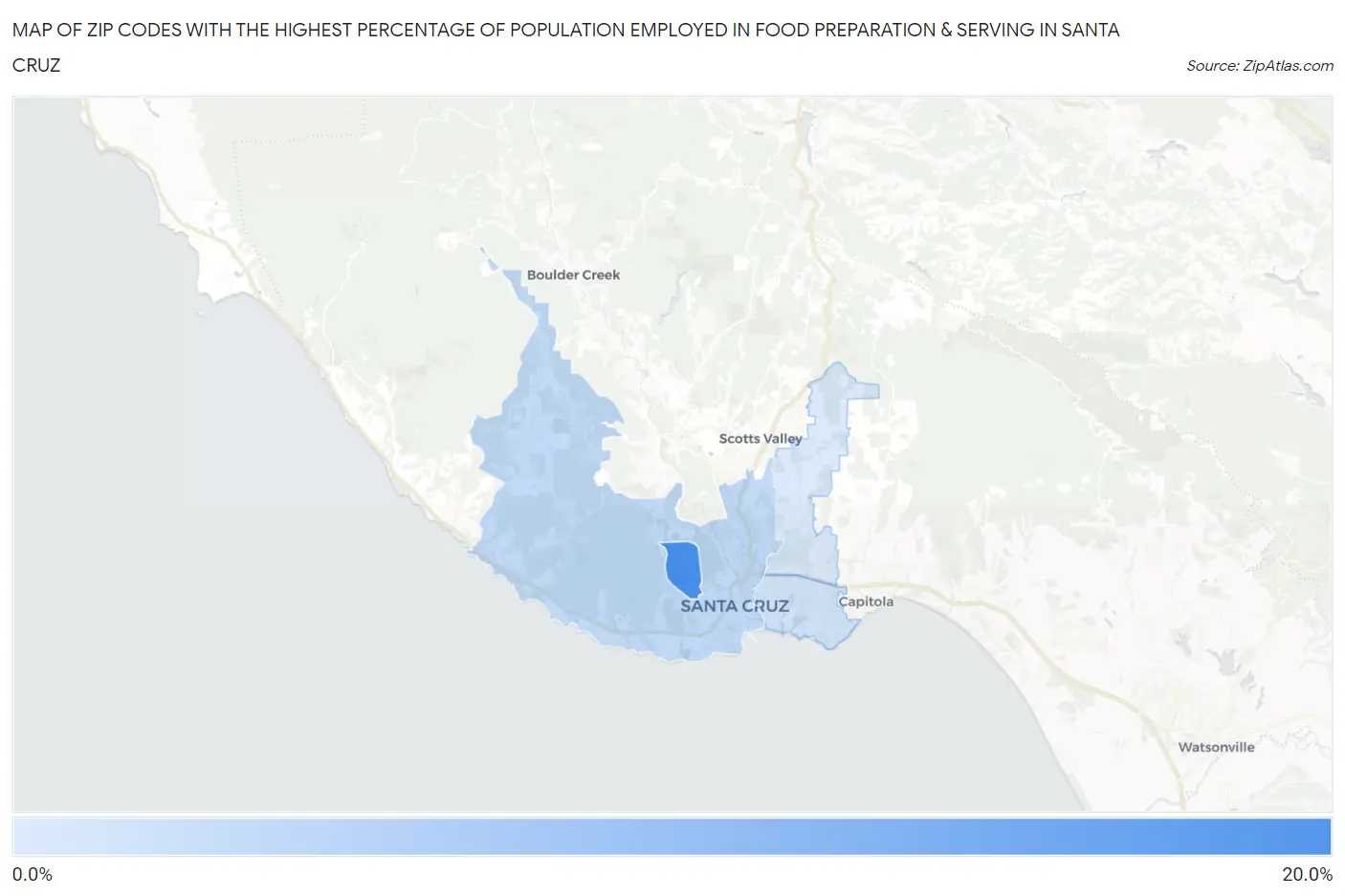 Zip Codes with the Highest Percentage of Population Employed in Food Preparation & Serving in Santa Cruz Map