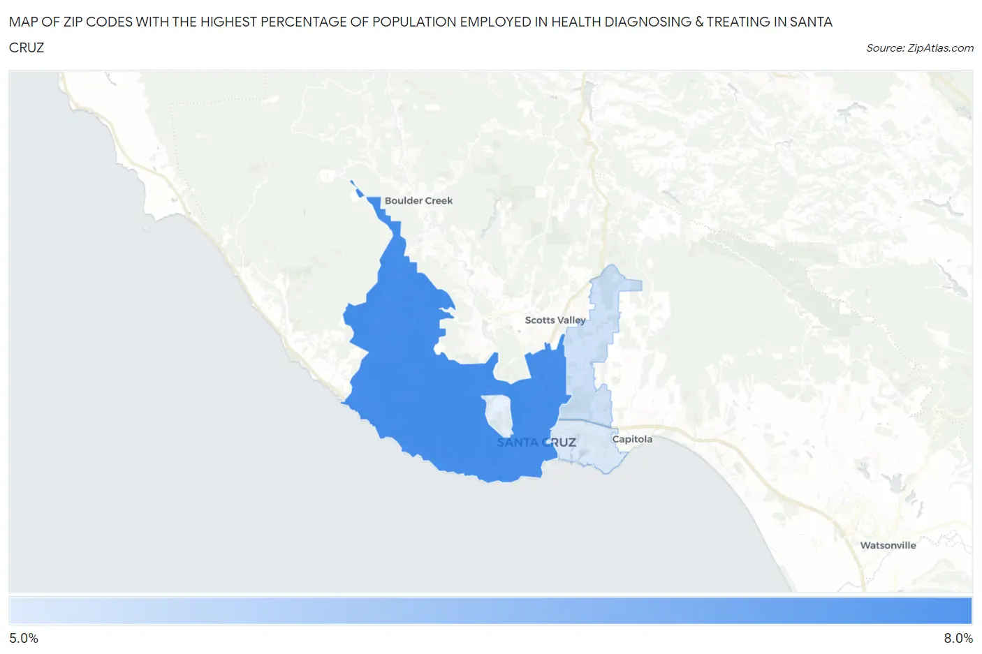 Zip Codes with the Highest Percentage of Population Employed in Health Diagnosing & Treating in Santa Cruz Map