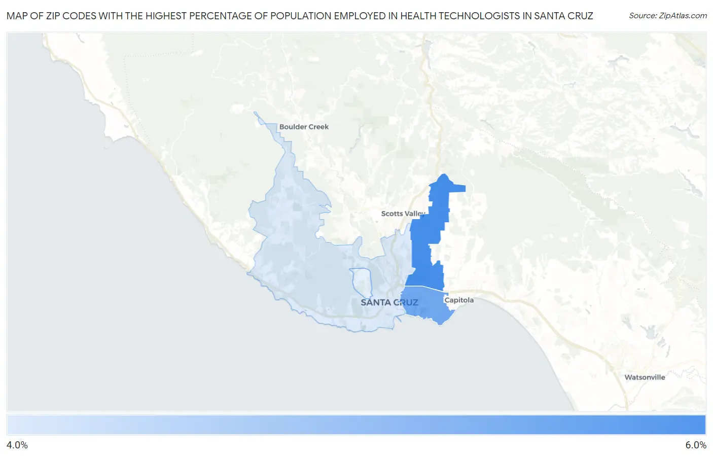 Zip Codes with the Highest Percentage of Population Employed in Health Technologists in Santa Cruz Map