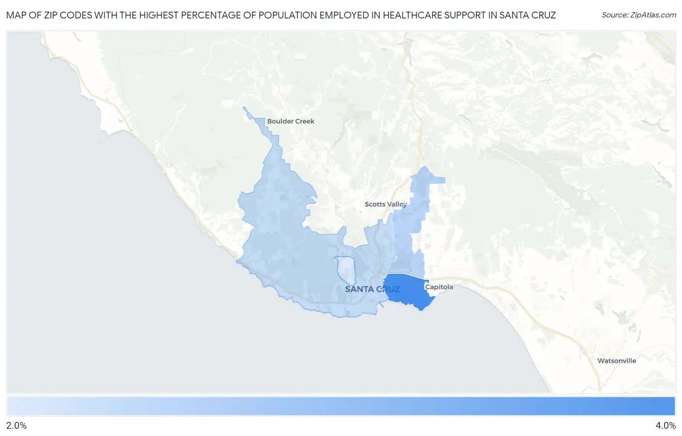 Zip Codes with the Highest Percentage of Population Employed in Healthcare Support in Santa Cruz Map