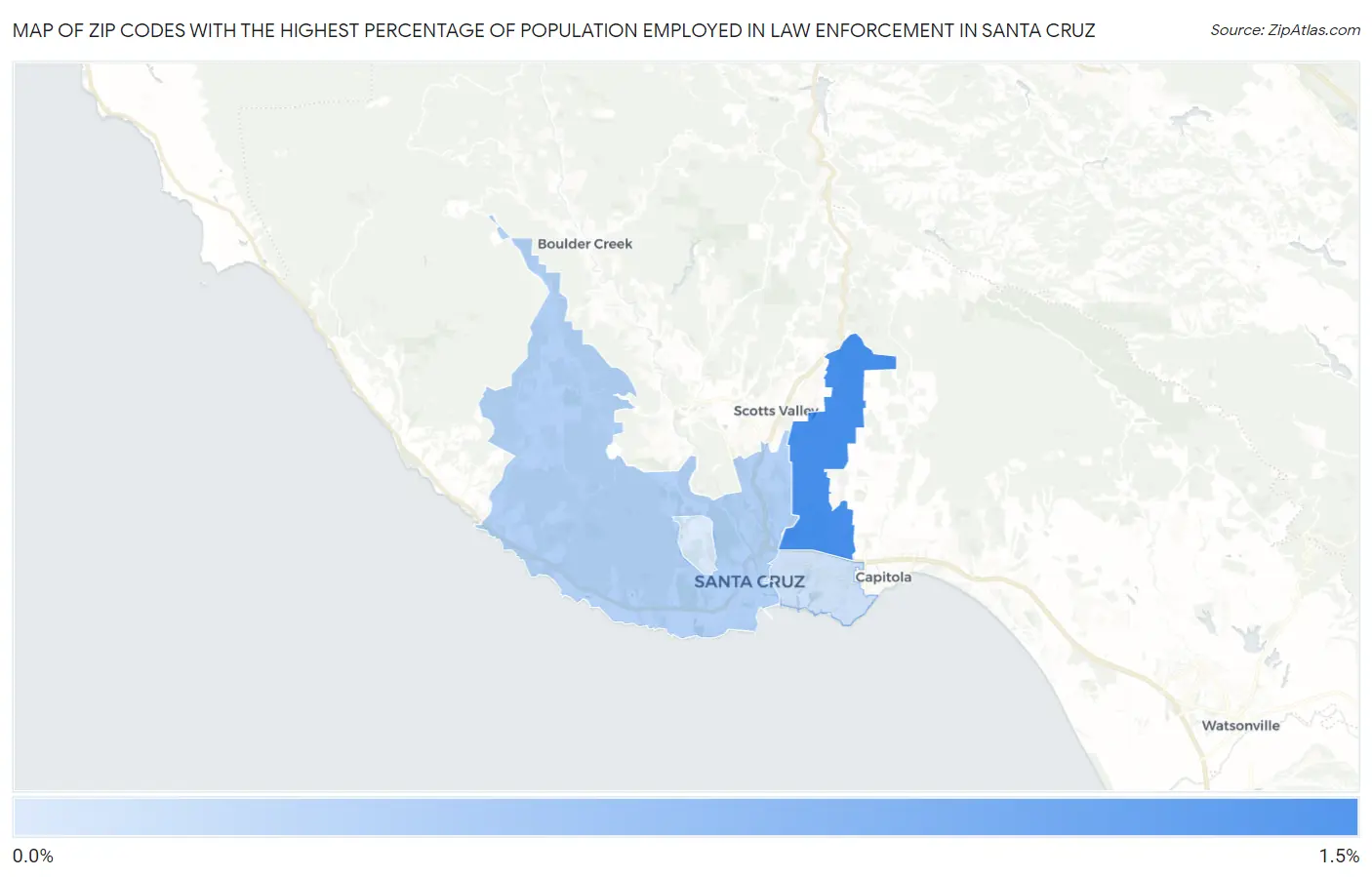 Zip Codes with the Highest Percentage of Population Employed in Law Enforcement in Santa Cruz Map