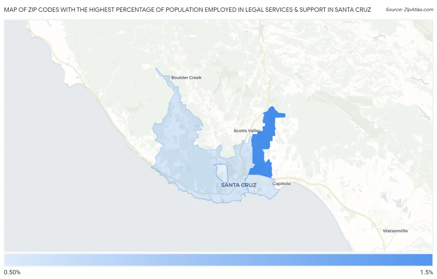 Zip Codes with the Highest Percentage of Population Employed in Legal Services & Support in Santa Cruz Map
