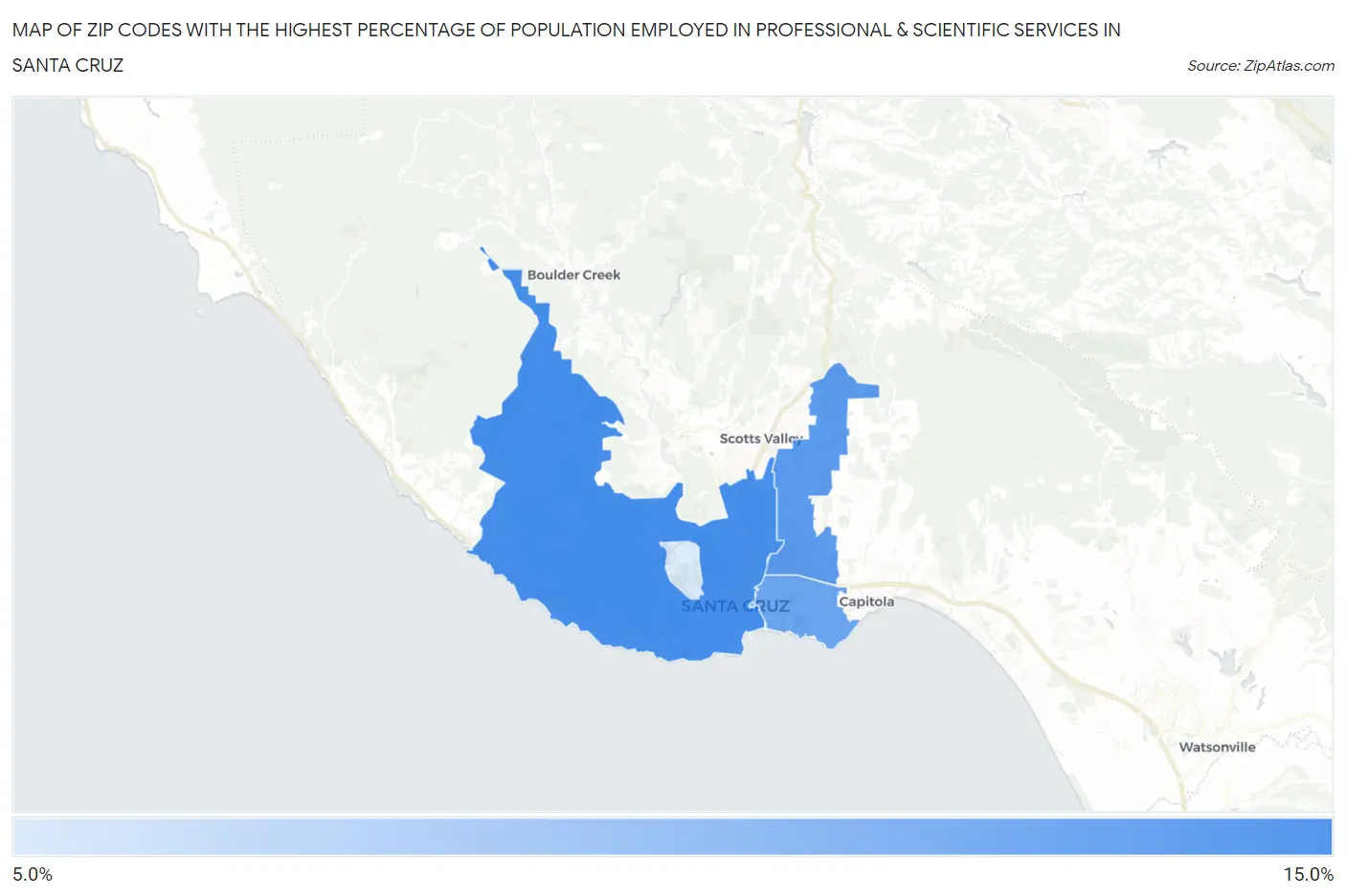 Zip Codes with the Highest Percentage of Population Employed in Professional & Scientific Services in Santa Cruz Map