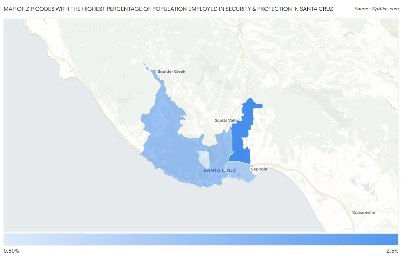 Zip Codes with the Highest Percentage of Population Employed in Security & Protection in Santa Cruz Map