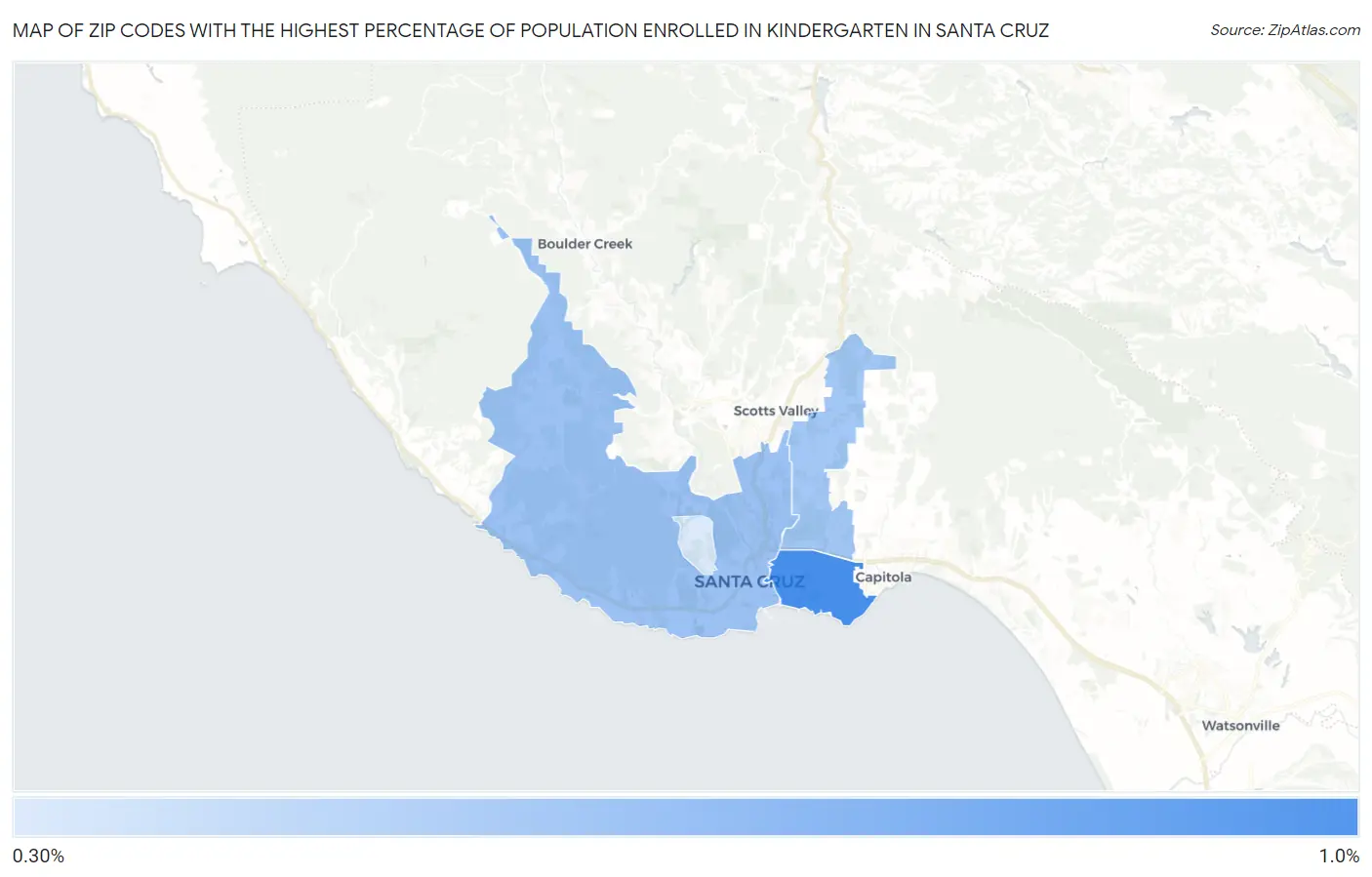 Zip Codes with the Highest Percentage of Population Enrolled in Kindergarten in Santa Cruz Map