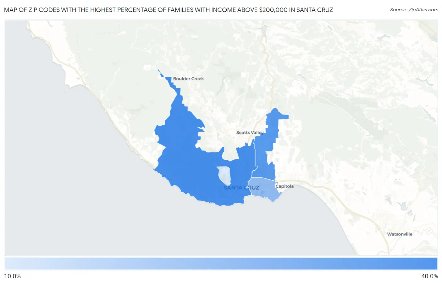 Zip Codes with the Highest Percentage of Families with Income Above $200,000 in Santa Cruz Map