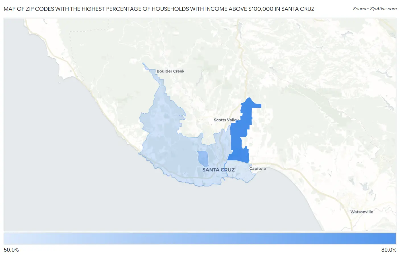 Zip Codes with the Highest Percentage of Households with Income Above $100,000 in Santa Cruz Map