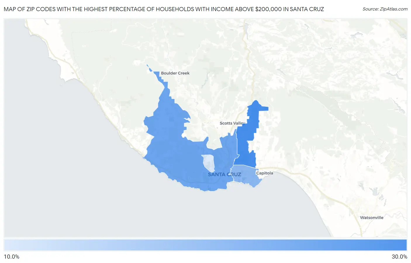 Zip Codes with the Highest Percentage of Households with Income Above $200,000 in Santa Cruz Map