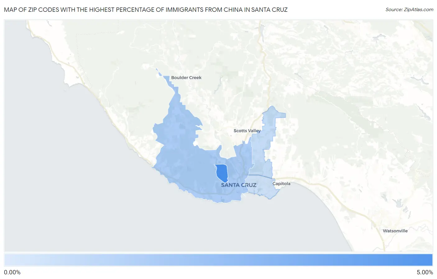 Zip Codes with the Highest Percentage of Immigrants from China in Santa Cruz Map