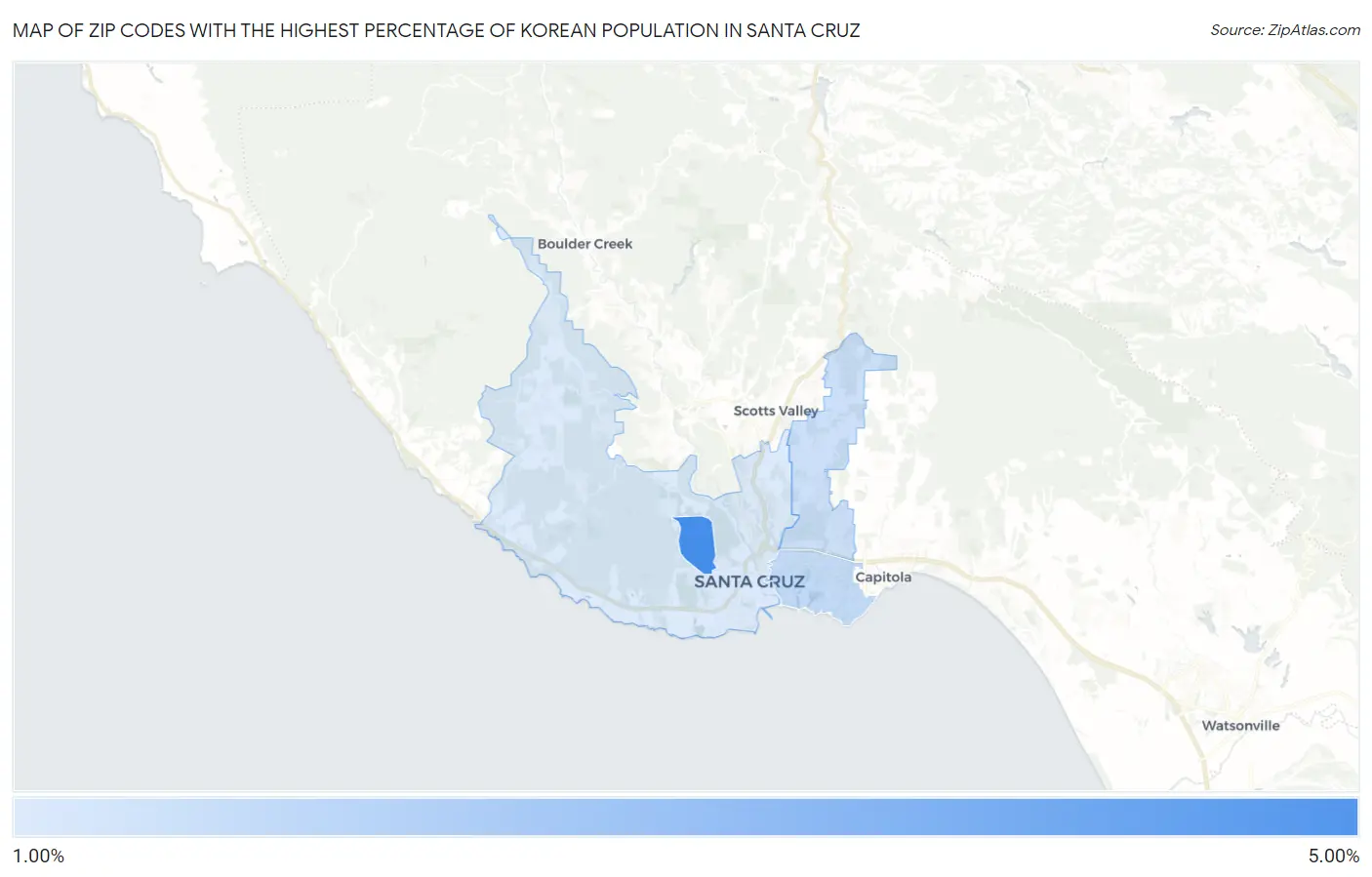 Zip Codes with the Highest Percentage of Korean Population in Santa Cruz Map