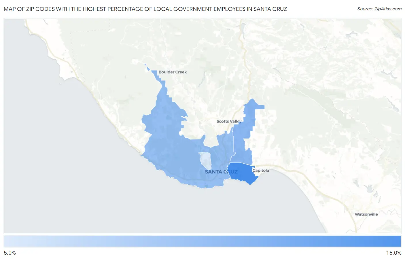 Zip Codes with the Highest Percentage of Local Government Employees in Santa Cruz Map
