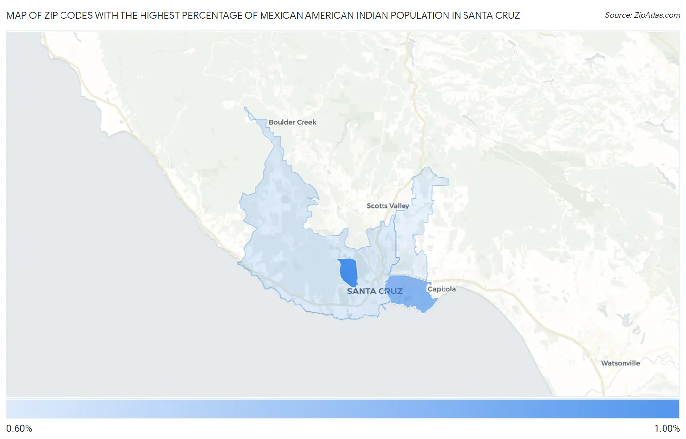 Zip Codes with the Highest Percentage of Mexican American Indian Population in Santa Cruz Map