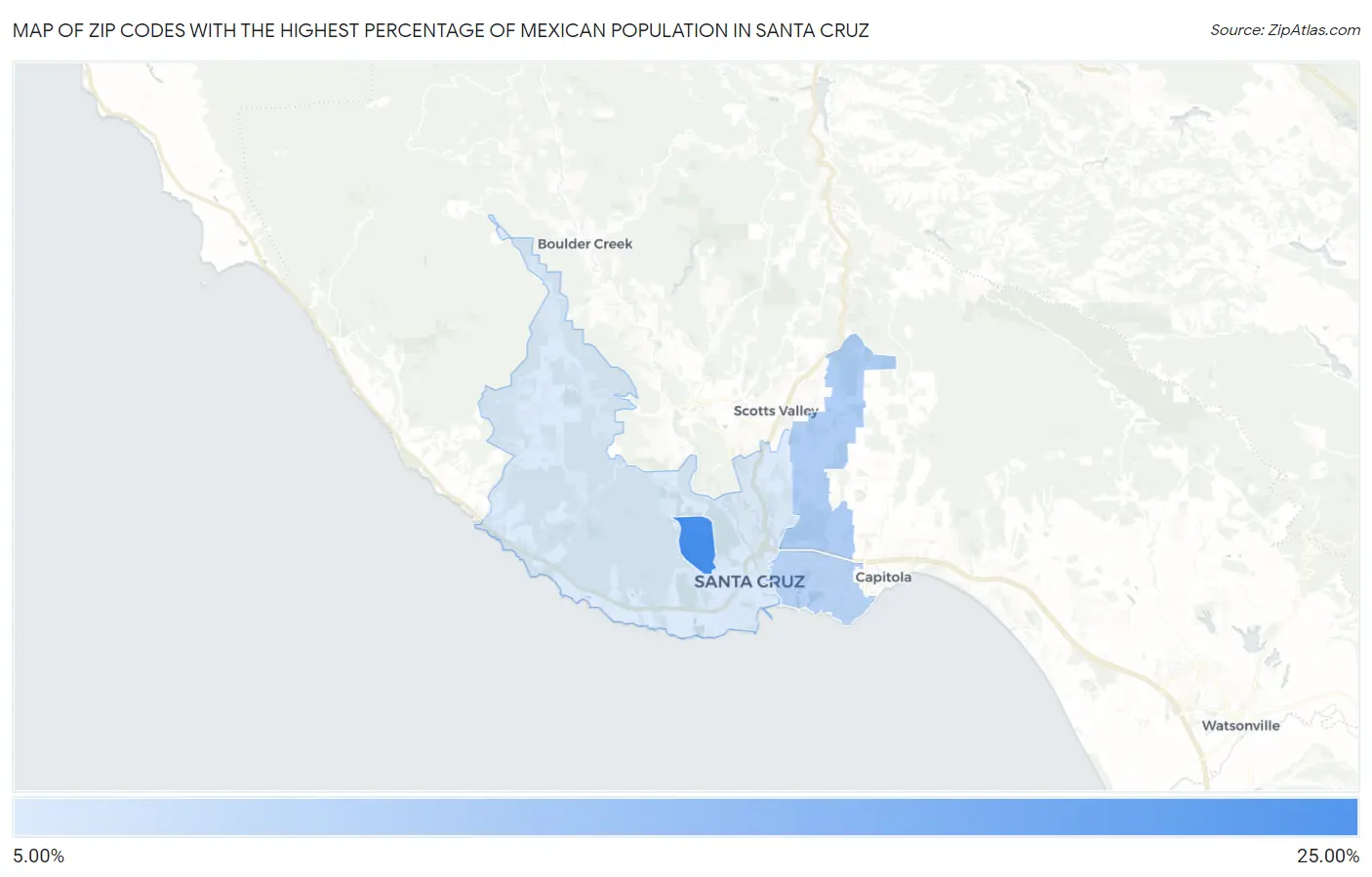 Zip Codes with the Highest Percentage of Mexican Population in Santa Cruz Map