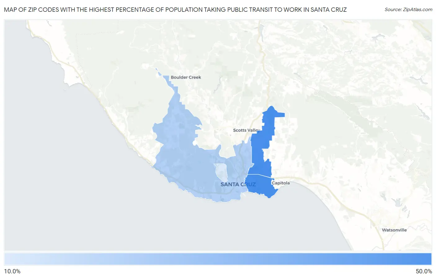 Zip Codes with the Highest Percentage of Population Taking Public Transit to Work in Santa Cruz Map
