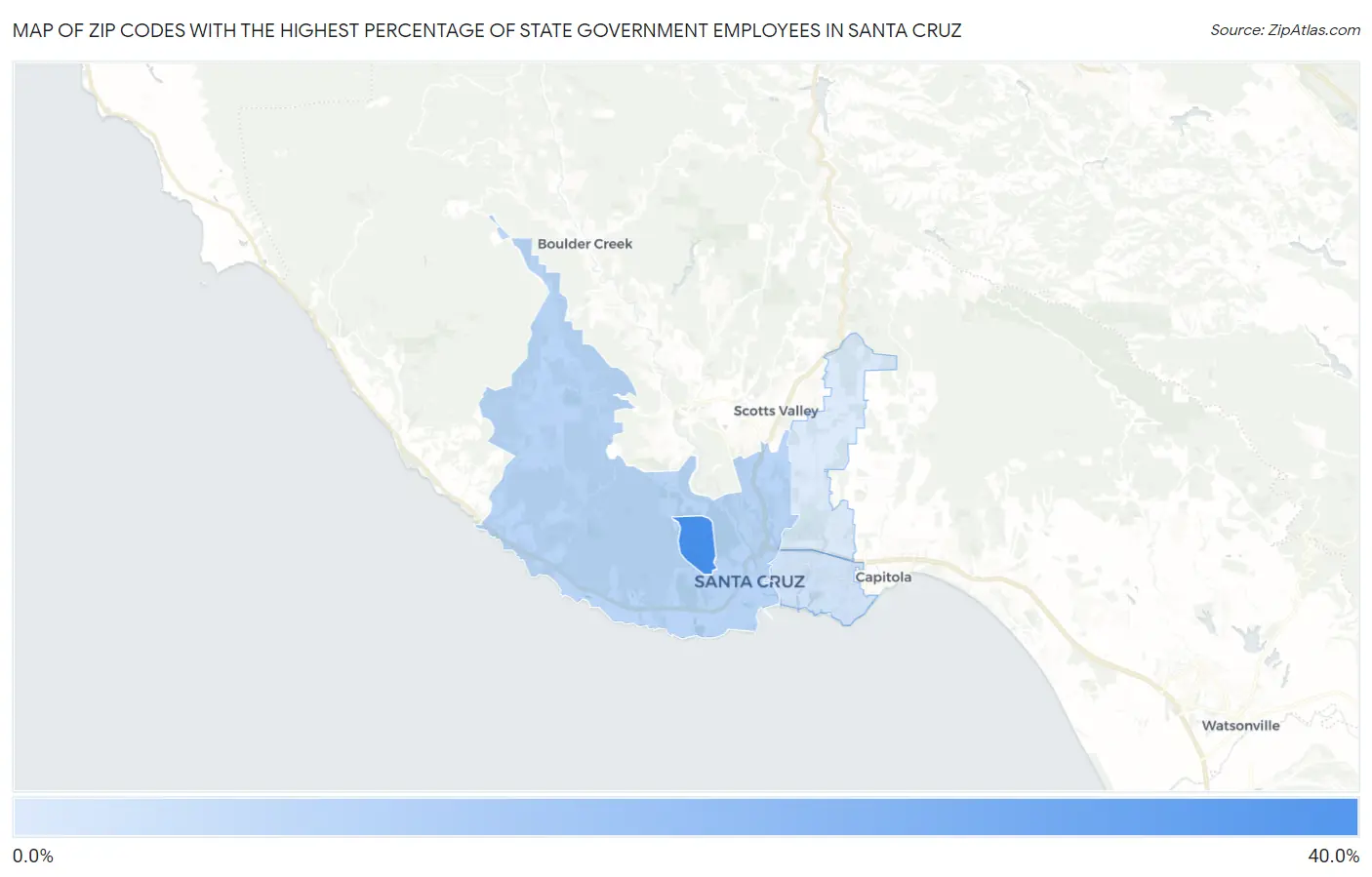 Zip Codes with the Highest Percentage of State Government Employees in Santa Cruz Map