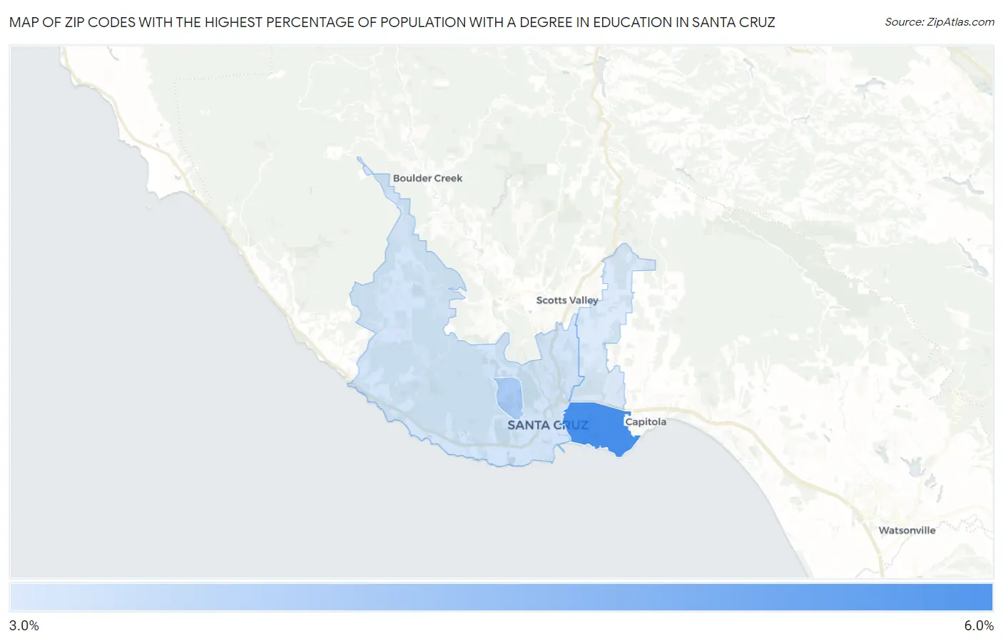 Zip Codes with the Highest Percentage of Population with a Degree in Education in Santa Cruz Map