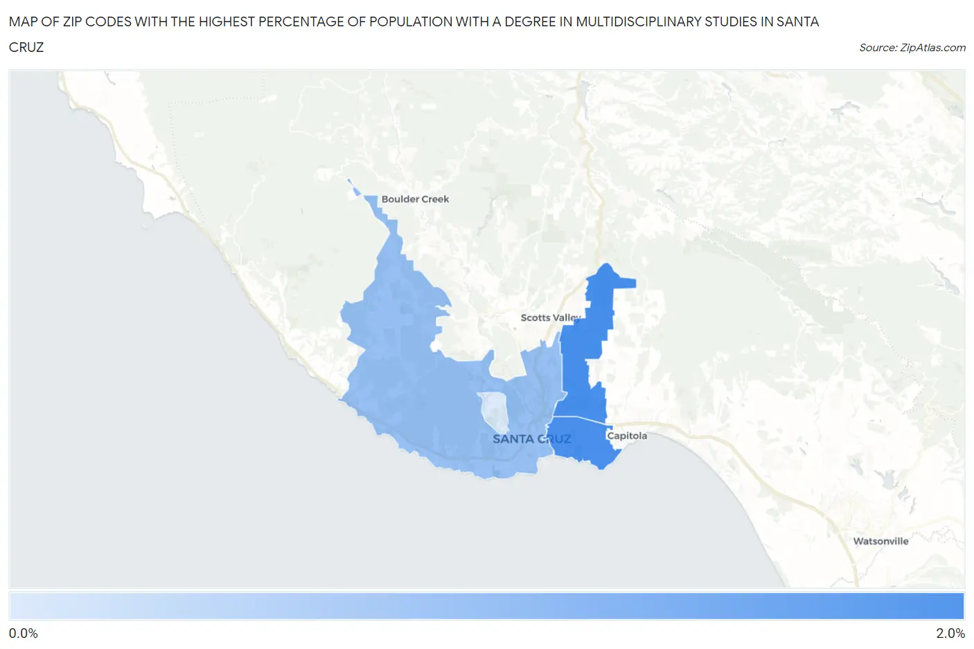 Zip Codes with the Highest Percentage of Population with a Degree in Multidisciplinary Studies in Santa Cruz Map