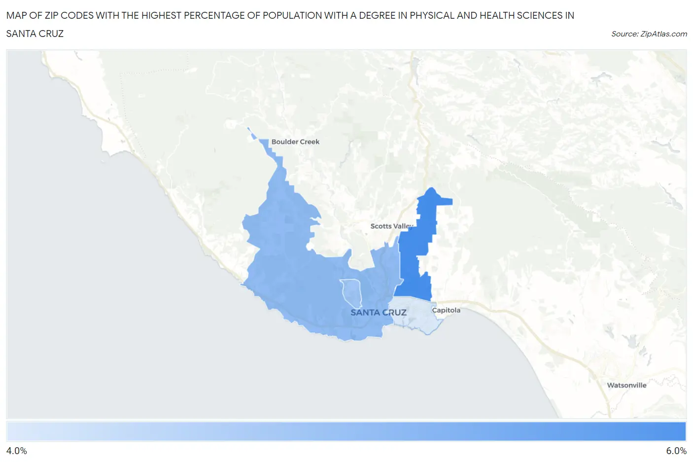 Zip Codes with the Highest Percentage of Population with a Degree in Physical and Health Sciences in Santa Cruz Map