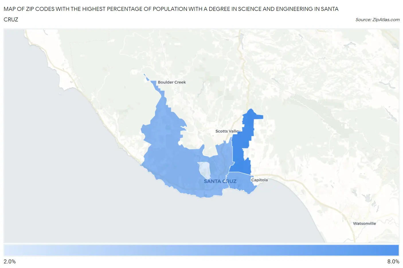 Zip Codes with the Highest Percentage of Population with a Degree in Science and Engineering in Santa Cruz Map