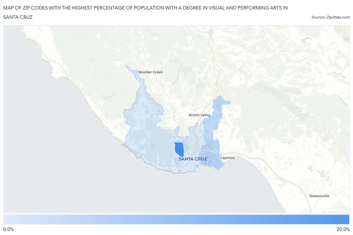 Zip Codes with the Highest Percentage of Population with a Degree in Visual and Performing Arts in Santa Cruz Map