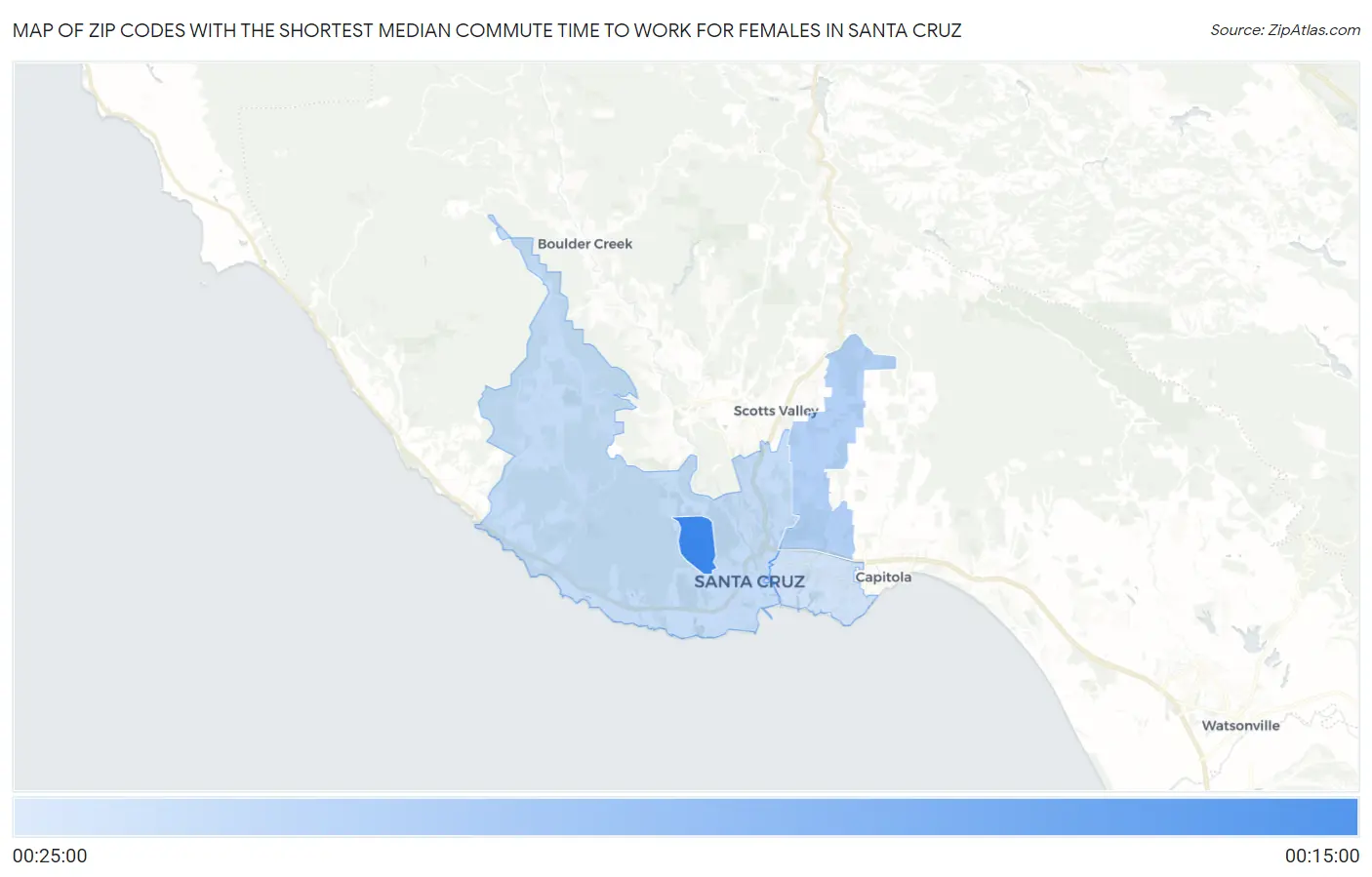 Zip Codes with the Shortest Median Commute Time to Work for Females in Santa Cruz Map
