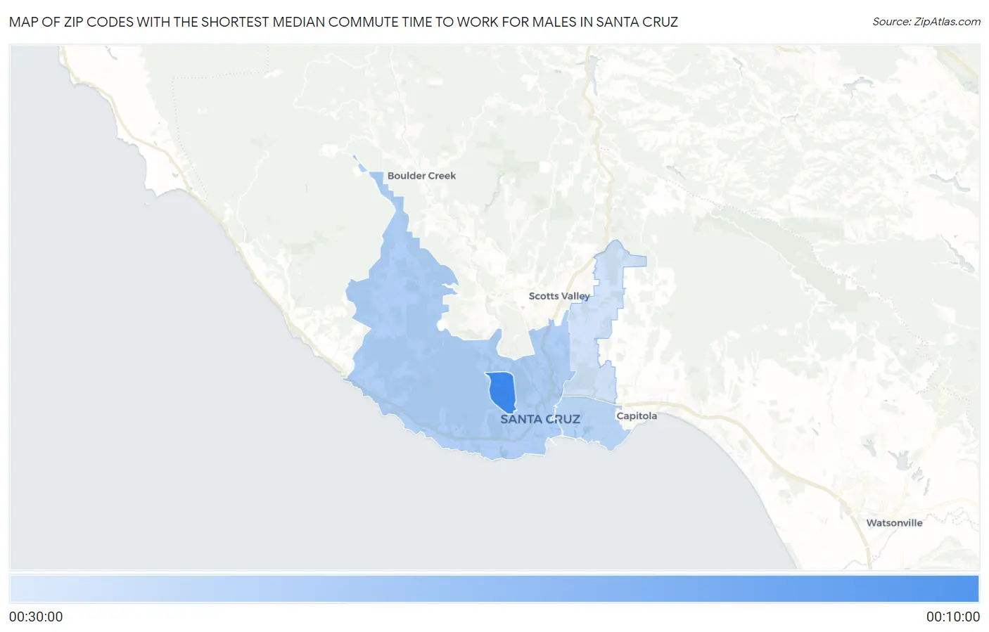 Zip Codes with the Shortest Median Commute Time to Work for Males in Santa Cruz Map