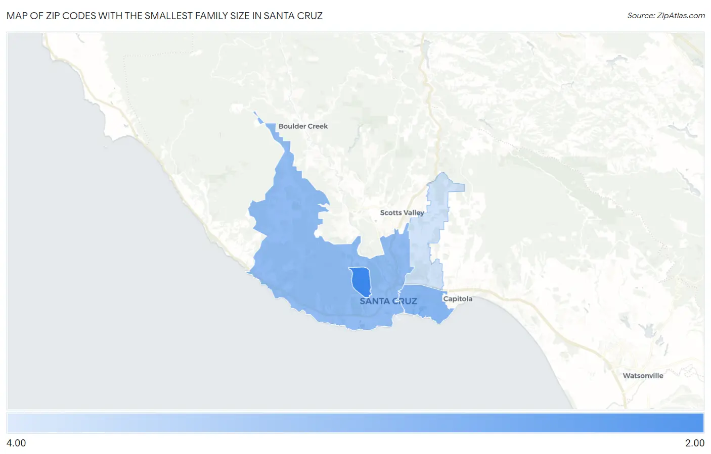 Zip Codes with the Smallest Family Size in Santa Cruz Map
