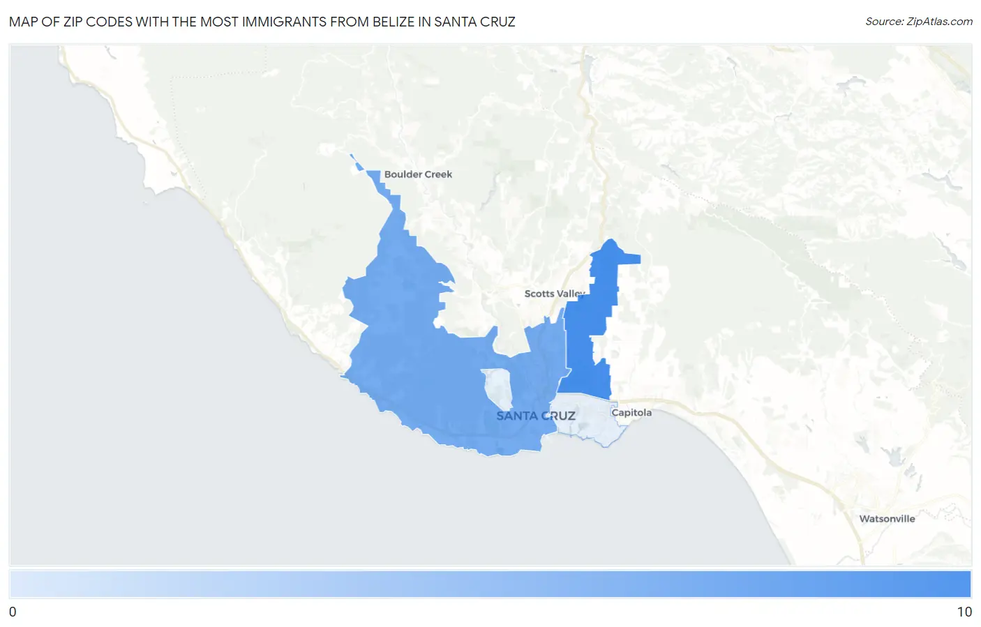 Zip Codes with the Most Immigrants from Belize in Santa Cruz Map
