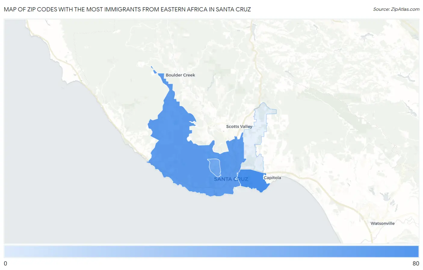 Zip Codes with the Most Immigrants from Eastern Africa in Santa Cruz Map
