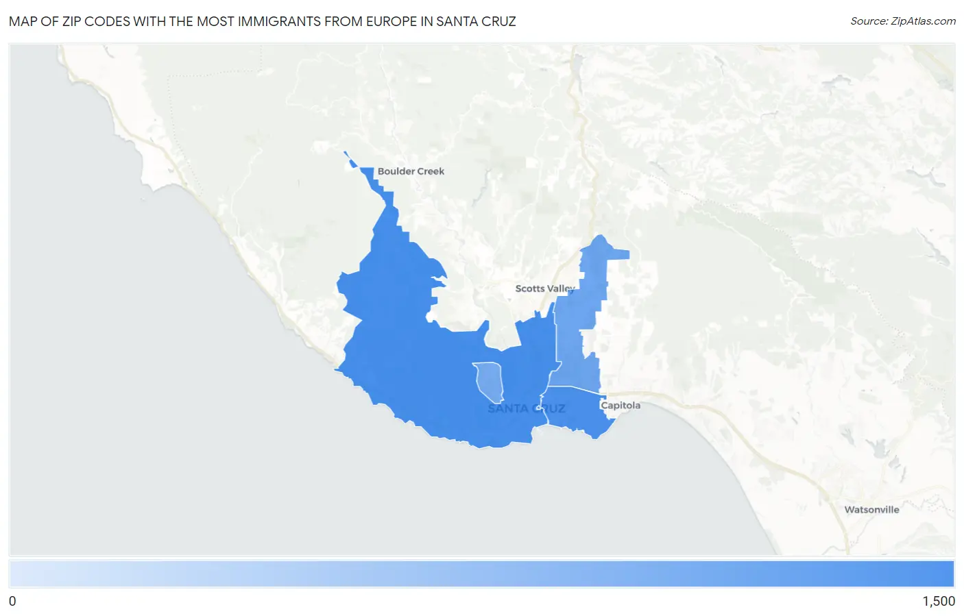 Zip Codes with the Most Immigrants from Europe in Santa Cruz Map