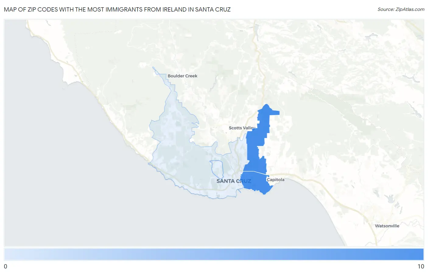 Zip Codes with the Most Immigrants from Ireland in Santa Cruz Map