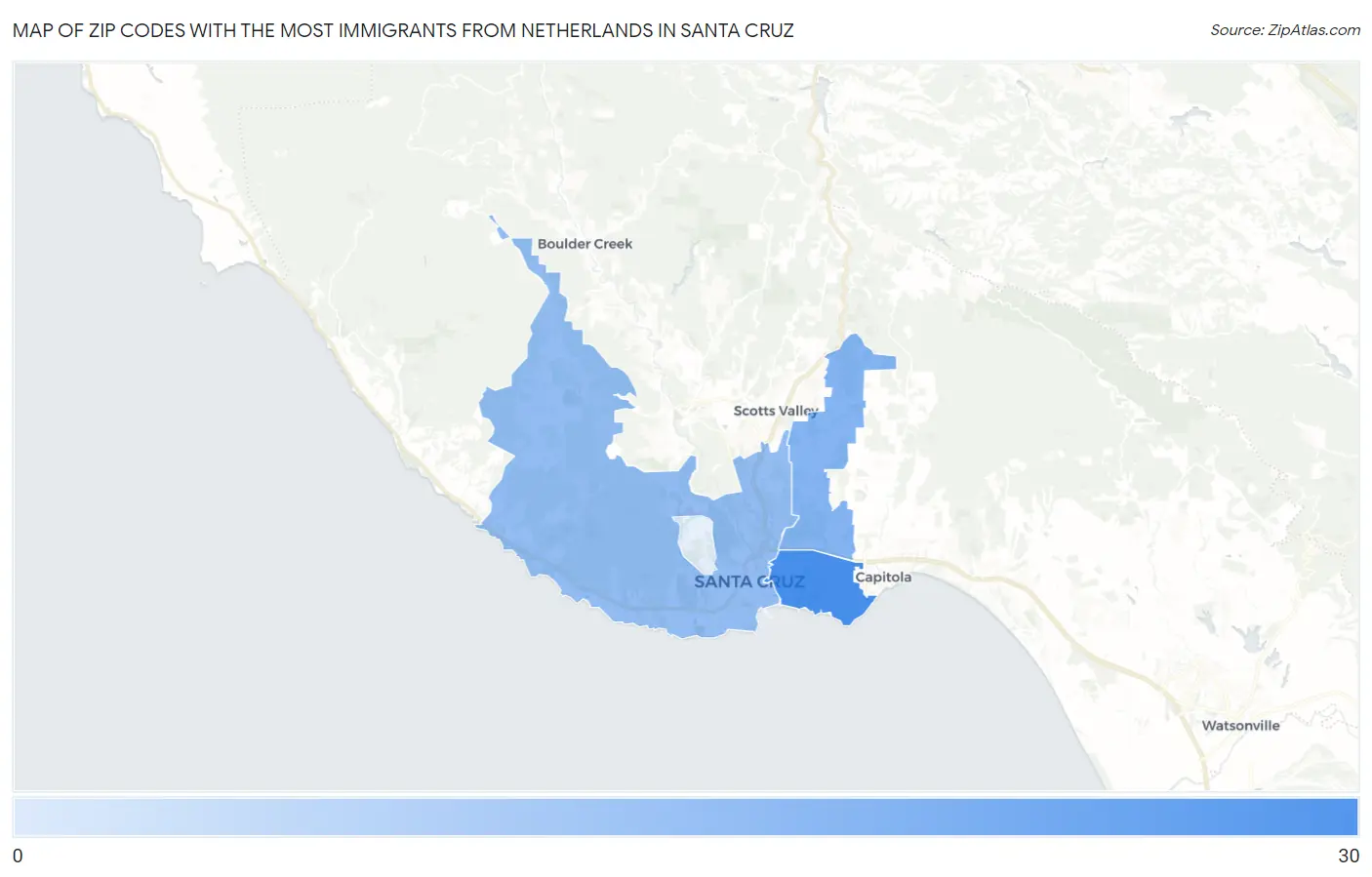 Zip Codes with the Most Immigrants from Netherlands in Santa Cruz Map