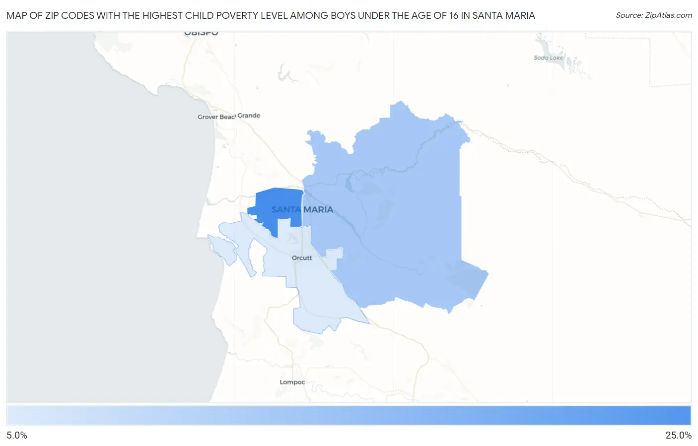 Zip Codes with the Highest Child Poverty Level Among Boys Under the Age of 16 in Santa Maria Map